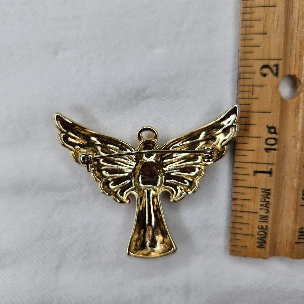 Monet Gold Tone Red Enamel Angel‎ Brooch Pin Rhinestone Wings Christmas Holiday